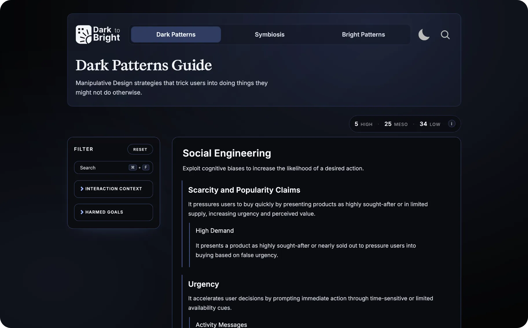 Dark Pattern page in desktop and mobile views