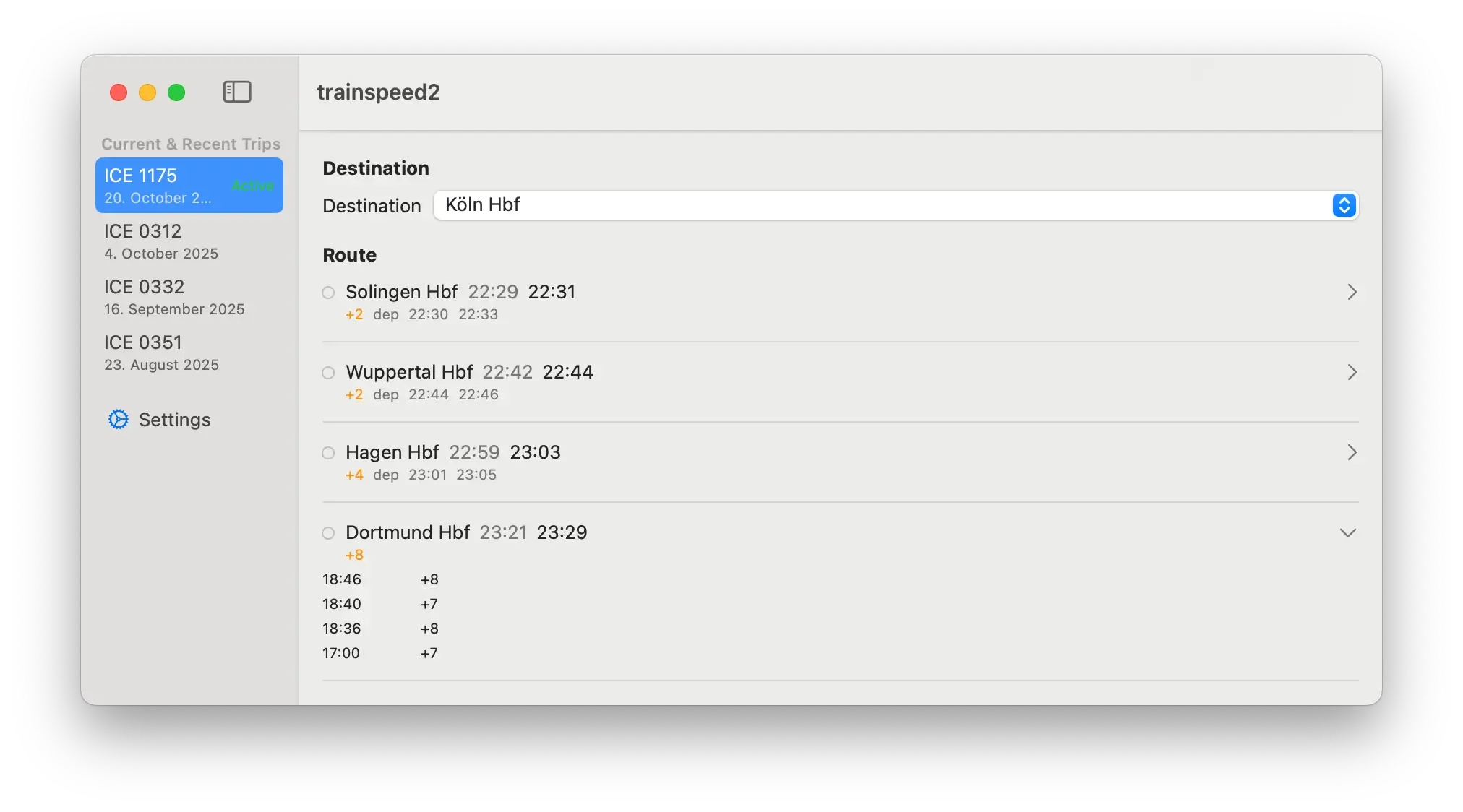 A view of an upcomig trainstop with delay history for that stop.
