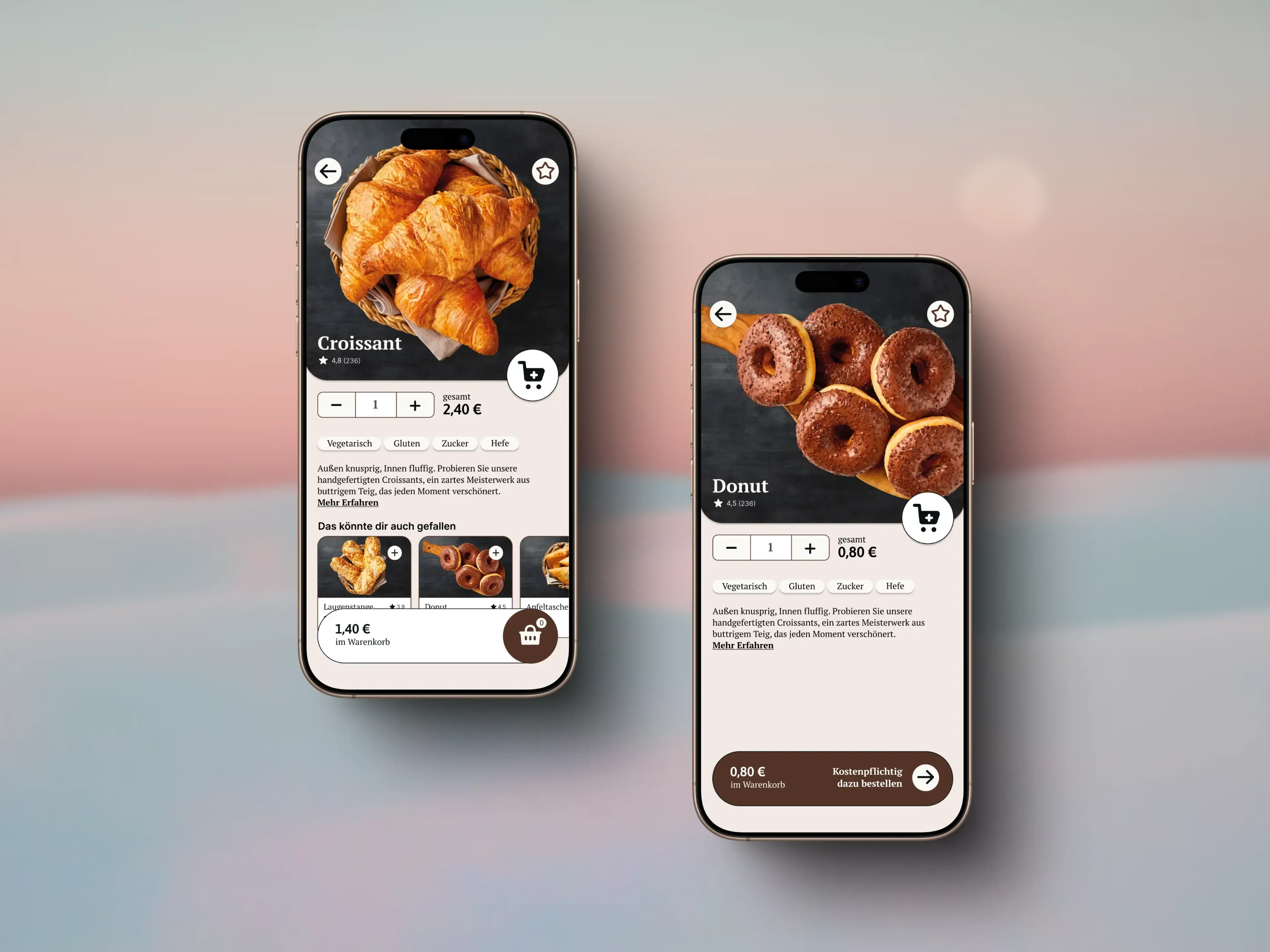 The user can add new products to the order. Here you can see the flow from the overview order screen to the categories overview and an category page.
