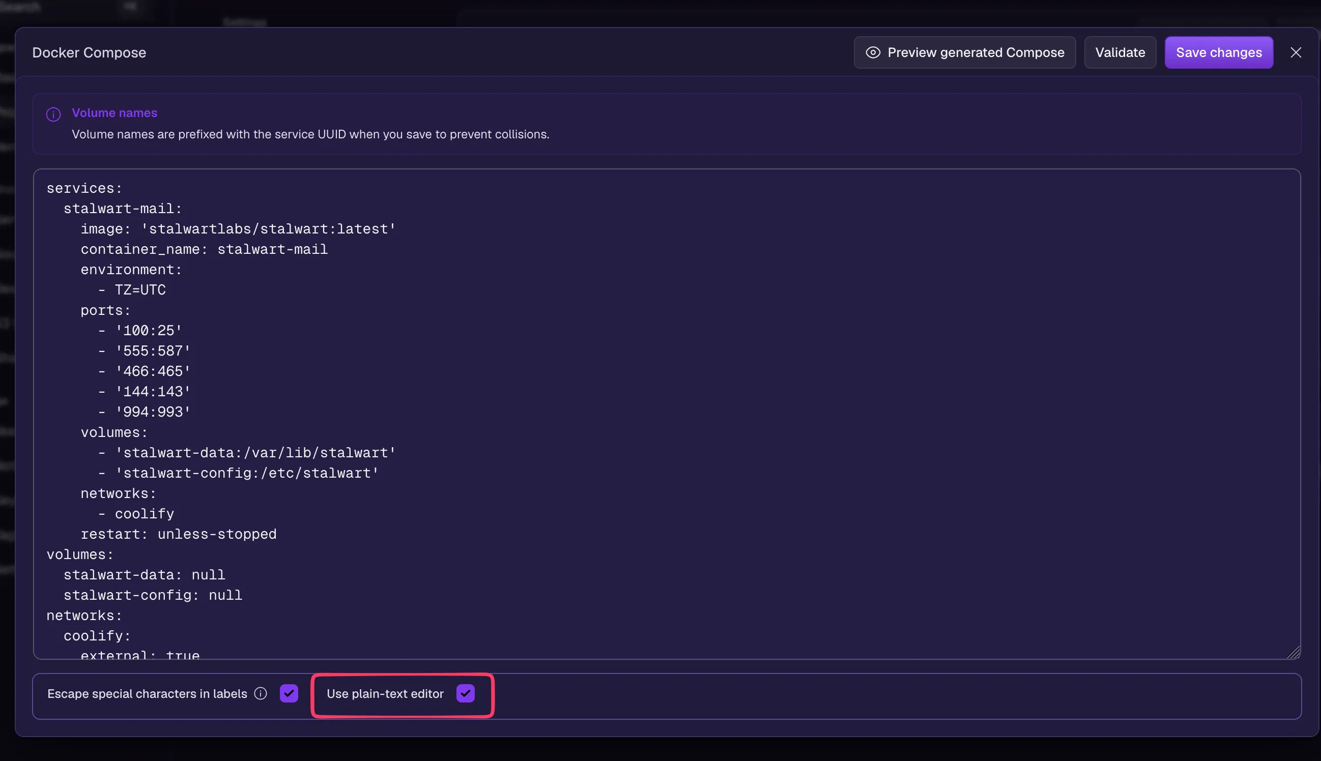 Docker config pasted using the plain text option