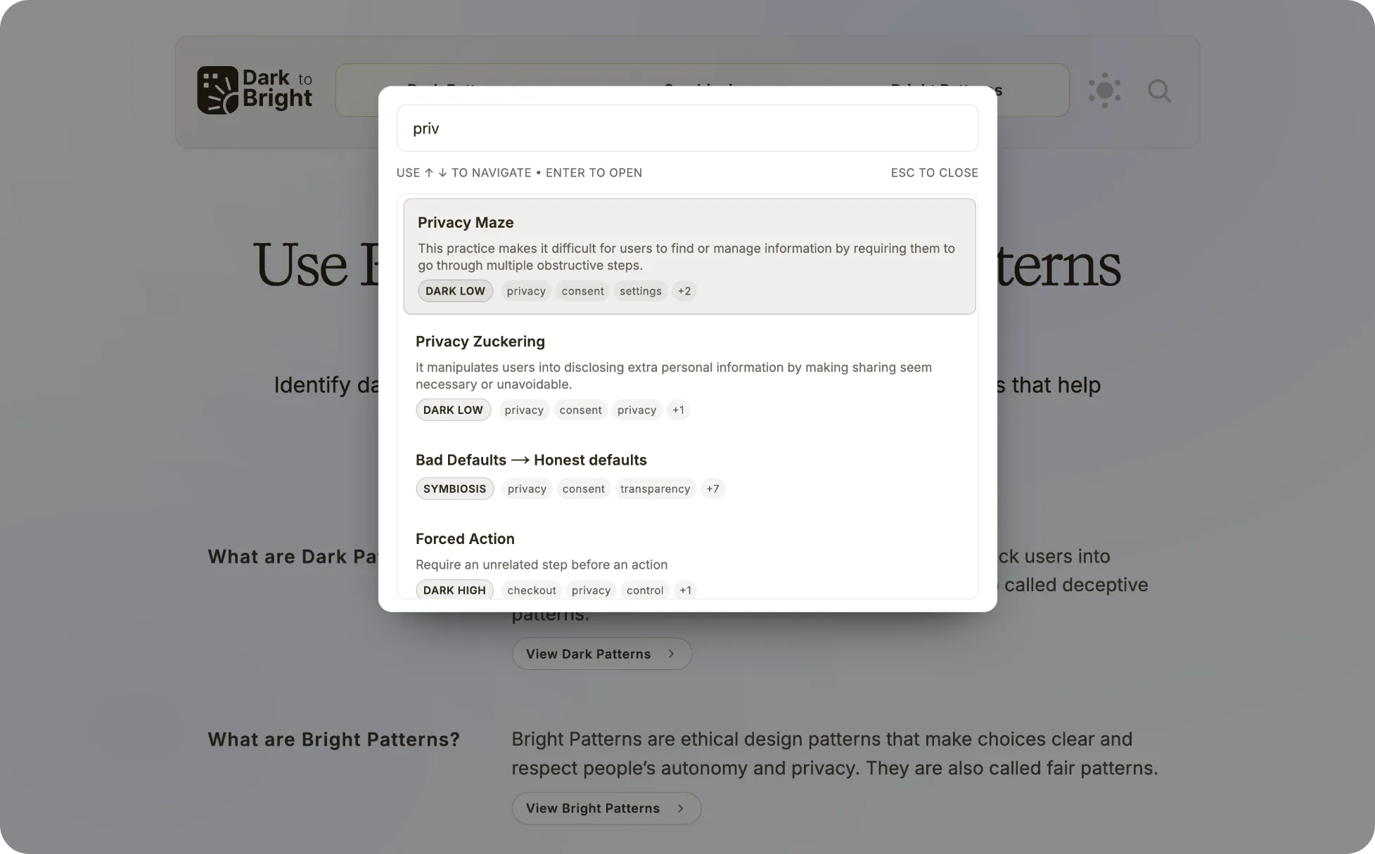 Global search modal showing cross-page results