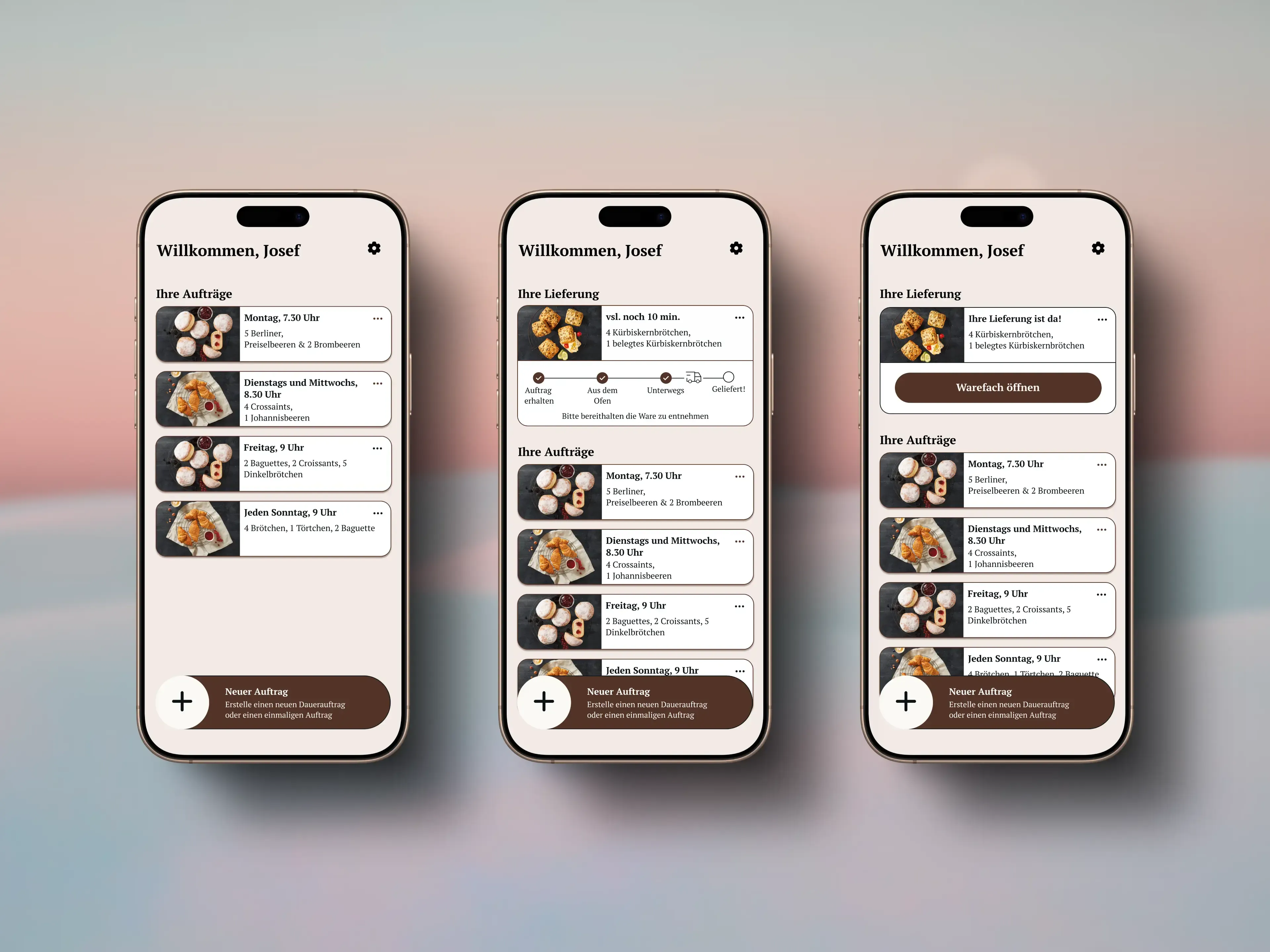 The homescreen greets the user, shows the current orders and offers a quick access to create a new order. The user can also access settings and modify current orders.