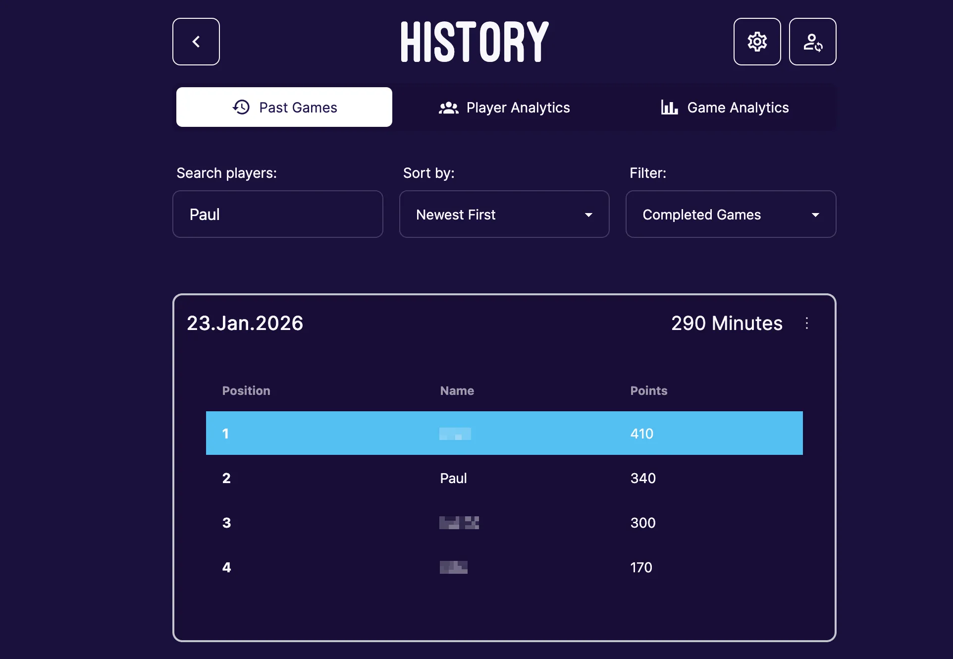 Wizard Score History Page Past Games