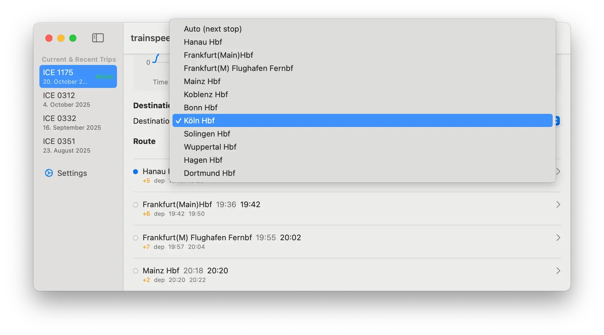 A list of upcoming stops on the current train route, with one stop selected.