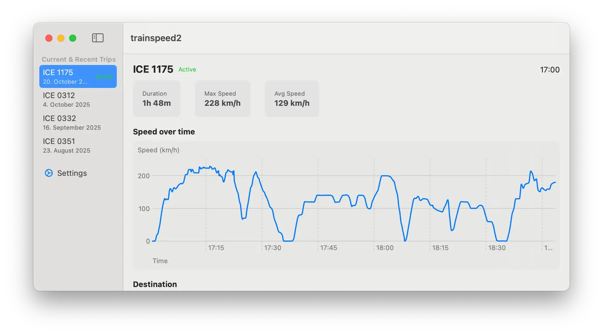 A sidebar showing past journeys with the current journey selected. The UI shows detailed information about the speed and a speed graph of the journey.