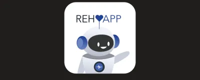 An App Icon showing a robot waving the left hand showing the appname Rehapp on top, with a heart in the middle