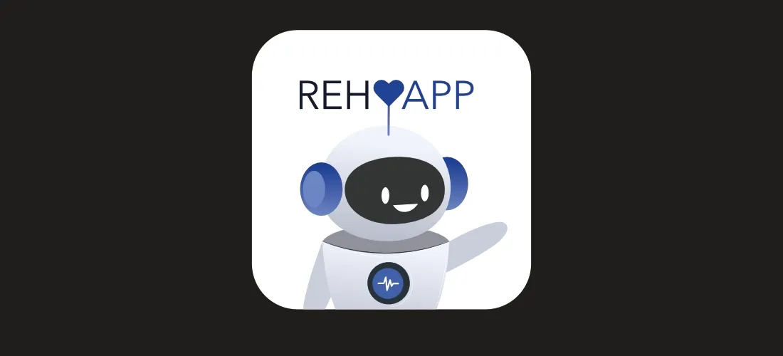 An App Icon showing a robot waving the left hand showing the appname Rehapp on top, with a heart in the middle