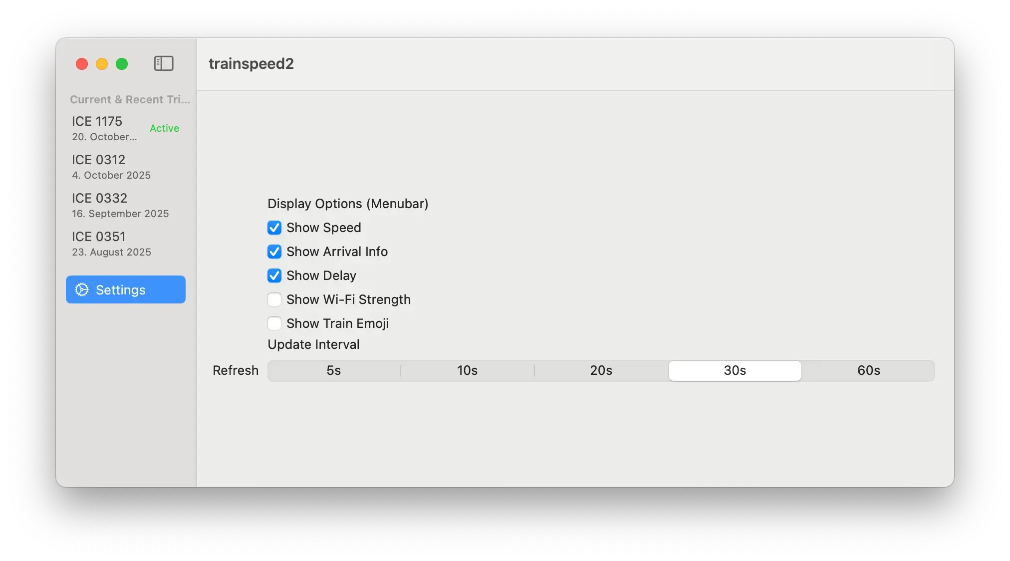 The settings view of the app, showing various configuration options for what is shown in the menubar and the refresh interval.