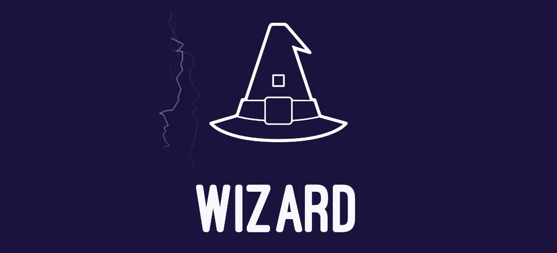 A Wizard Hat with Lightning in the Background and the title Wizard